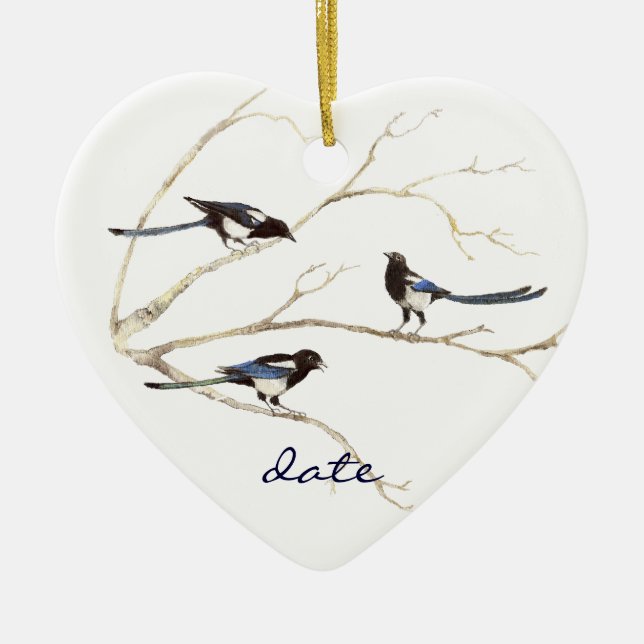Ornement En Céramique Personnalisé Daté, Famille Magpie, Oiseaux (Devant)