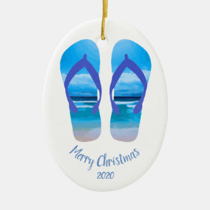 Ornement En Céramique Personnalisé Dated Christmas Beach Scène Flip Flop