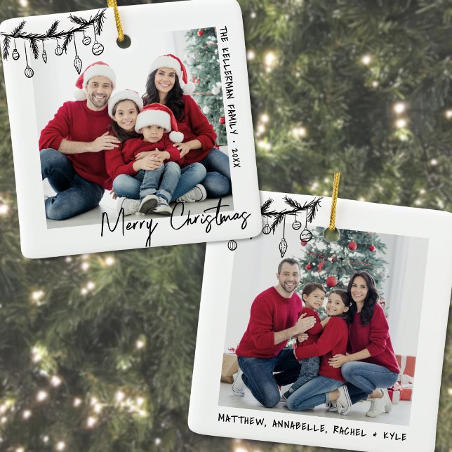 Ornement En Céramique Personnalisé Double face Famille Deux photos Noël (Elegant Hand Drawn Family Photo Christmas Ceramic Ornament)