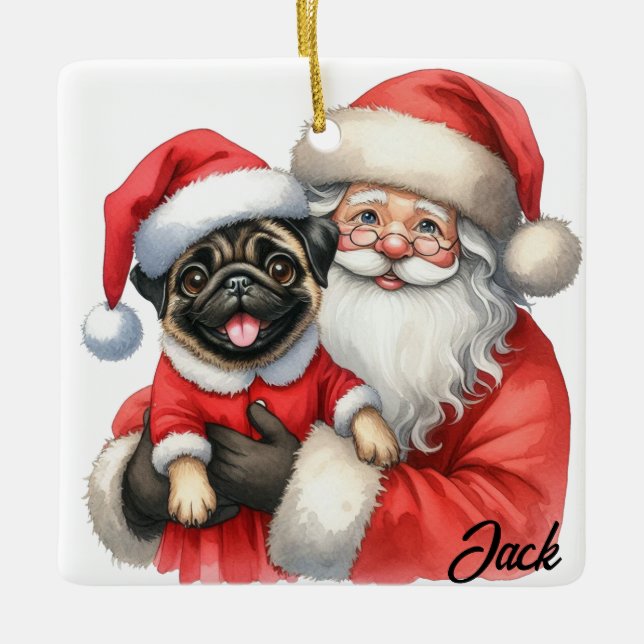 Ornement En Céramique Personnalisé Joyeux Carlin Chien avec Père Noël (Devant)