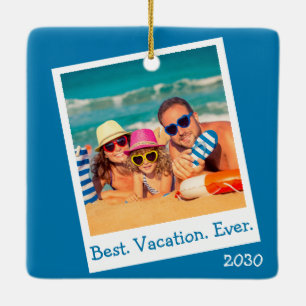 Ornement En Céramique Personnalisé Meilleur Vacances Jamais Photo Bleu