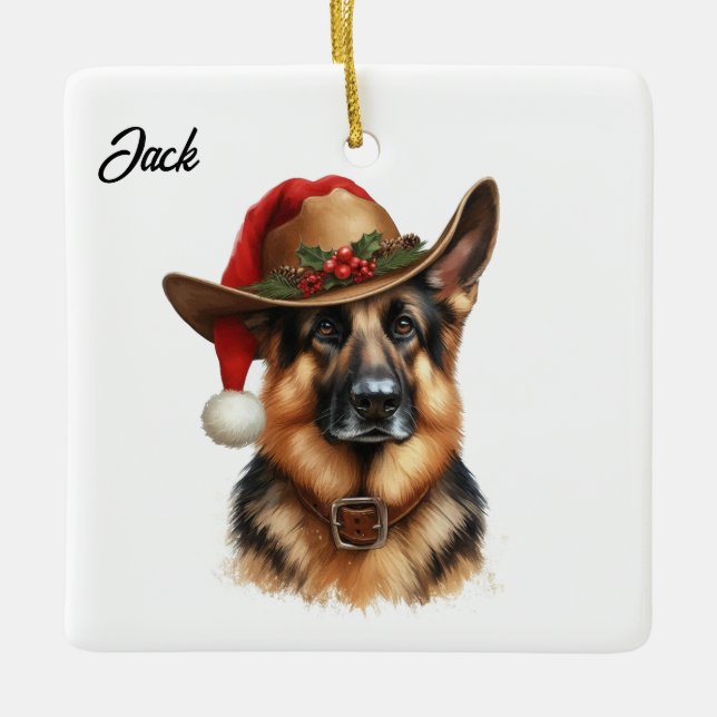 Ornement En Céramique Personnalisé Noël Allemand Berger Chien Chien Cowb (Devant)
