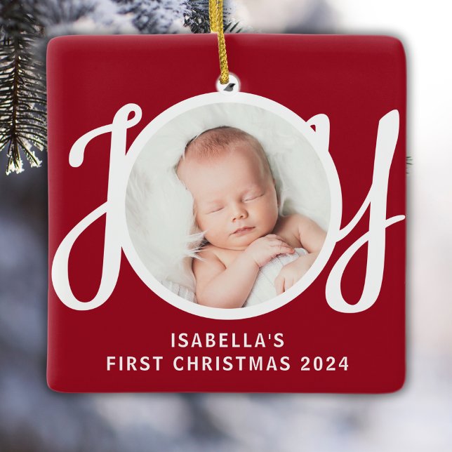 Ornement En Céramique Personnalisé Nom Baby's First Christmas Photo Red (Créateur téléchargé)