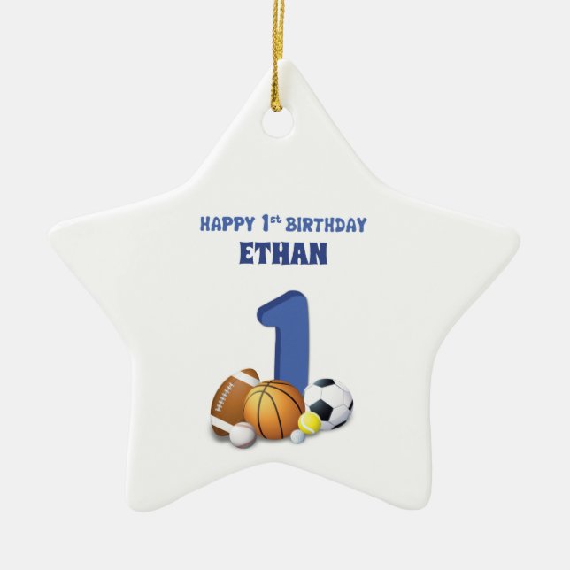 Ornement En Céramique Personnalisé Nom Garçon 1er Anniversaire Sports Ba (Devant)