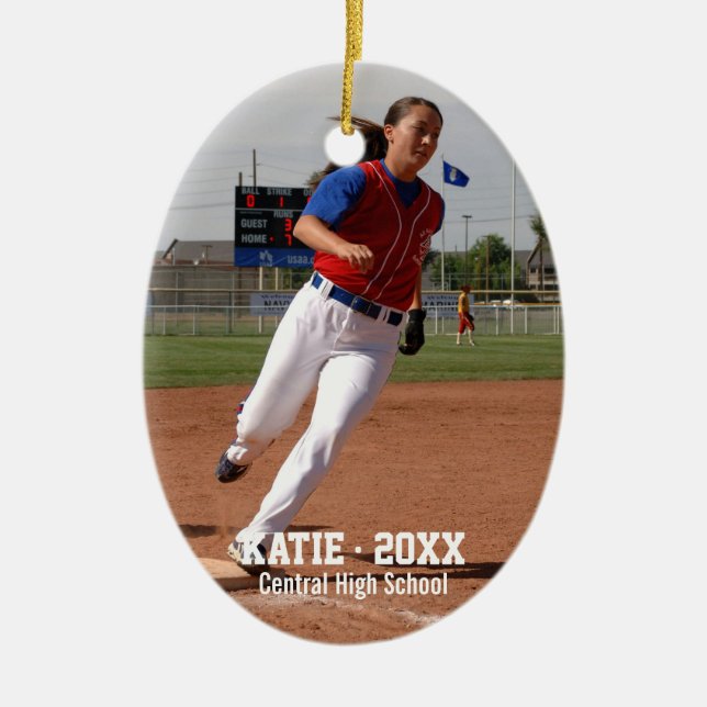Ornement En Céramique Personnalisé Softball Photo Player Nom, année scol (Devant)