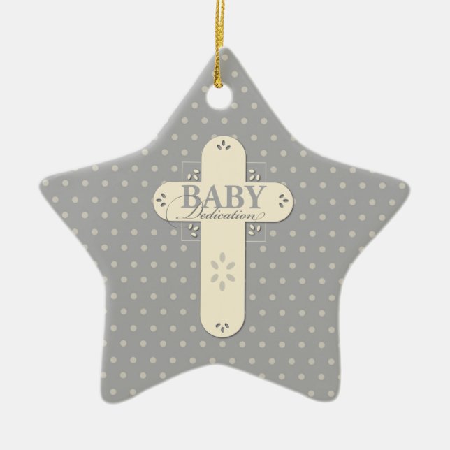 Ornement En Céramique Personnaliser, Dédication bébé Crème et Croix gris (Devant)