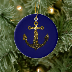 Ornement En Céramique Personnaliser Jaune Or scintille Ancre Bleu Marine