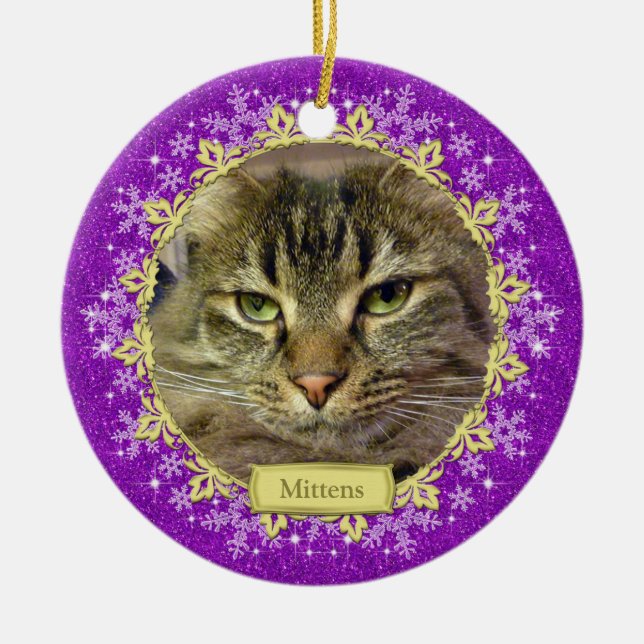 Ornement En Céramique Pet Cat Memorial Purple Snowflake Photo Noël (Devant)
