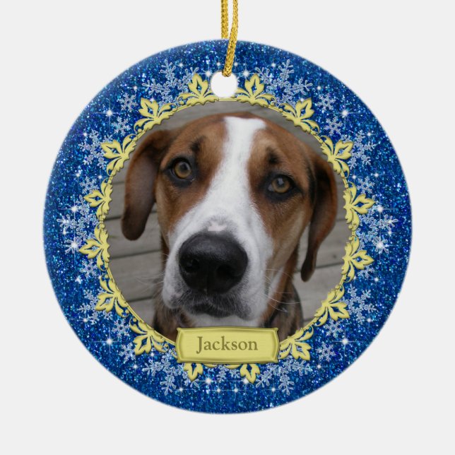 Ornement En Céramique Pet Dog Memorial Blue Snowflake Photo Noël (Devant)