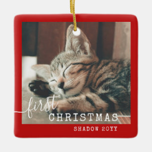 Ornement En Céramique Pet First Christmas Photo Red Rustic