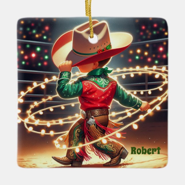 Ornement En Céramique Petit Cowboy Twiling lumières de Noël personnalisé (Devant)