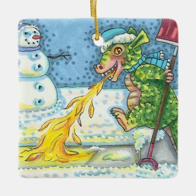 ORNEMENT EN CÉRAMIQUE PETIT DRAGON MELTING & SHOVELING NEIGE, FUNNY CUTE (Devant)