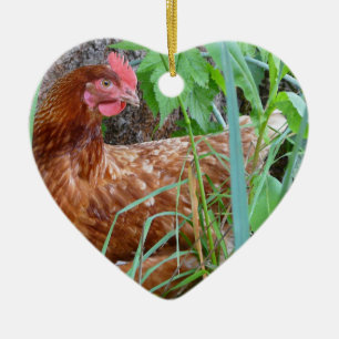 Ornement En Céramique Petite poule rouge dans l'herbe