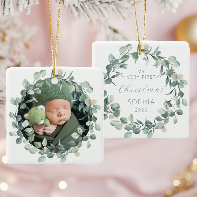 Ornement En Céramique Photo Baby First Christmas Eucalyptus Wreath (Créateur téléchargé)