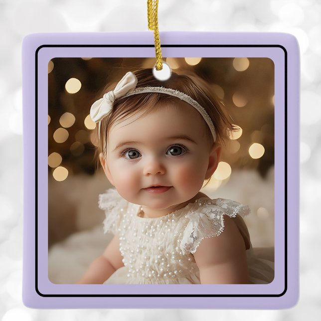 Ornement En Céramique Photo bébé moderne Noël violet Nom du script (Modern Baby Photo Christmas Purple Script Name Ceramic Ornament)