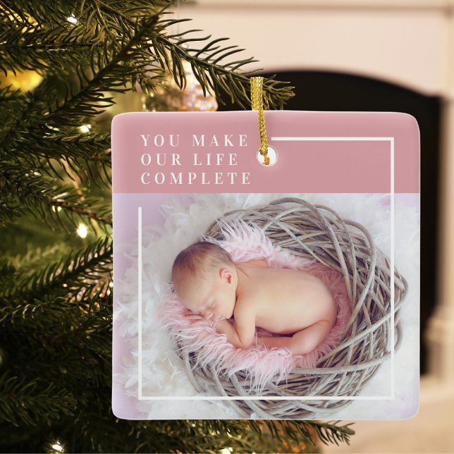 Ornement En Céramique Photo bébé moderne | Rose et blanc | Devis (Créateur téléchargé)