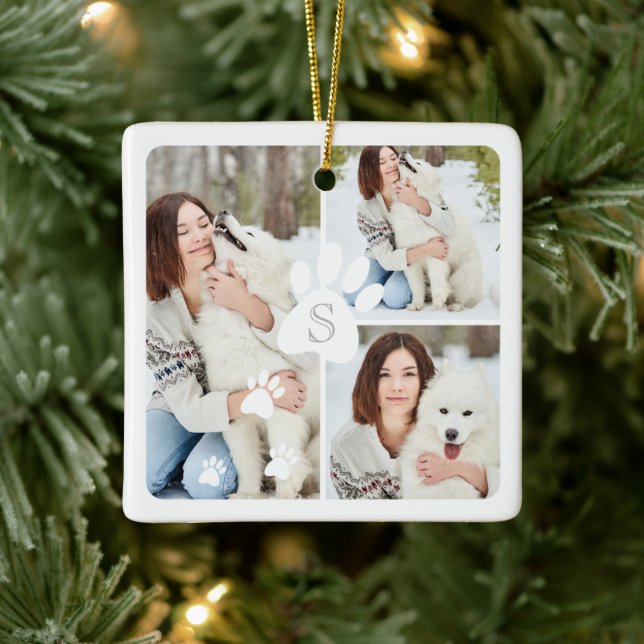 Ornement En Céramique Photo Collage de Christmas Pet monogram Four (Arbre)