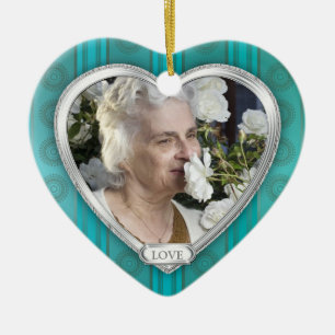 Ornement En Céramique Photo commémorative Aqua Blue Silver Heart Christm