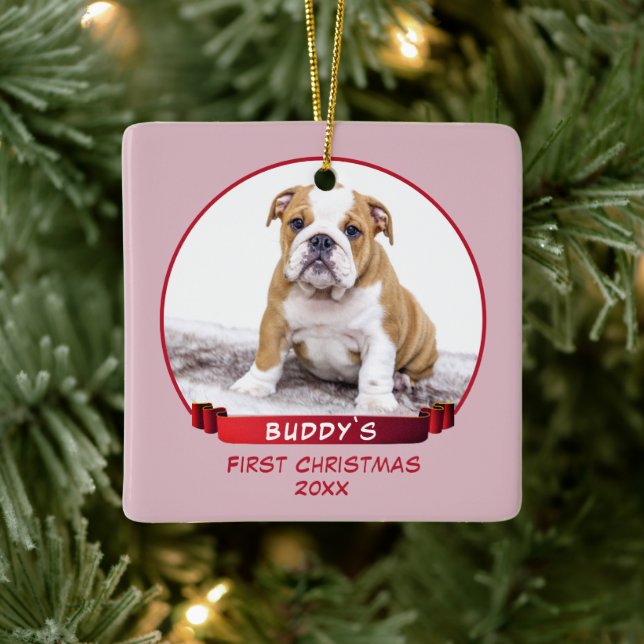 Ornement En Céramique Photo Cute Pink Puppy 1st Christmas Dog (Arbre)