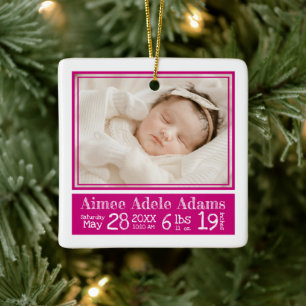 Ornement En Céramique Photo de bébé État de naissance Bandes magenta