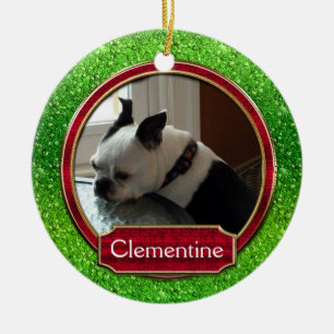 Ornement En Céramique Photo de chien chat vert rouge scintillement Noël