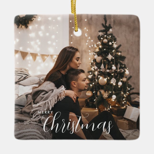 Ornement En Céramique Photo de couple de Noël moderne et tendance (Devant)