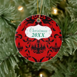Ornement En Céramique Photo de famille de Noël Lustre rouge #3 Damask