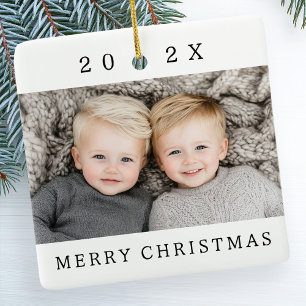 Ornement En Céramique Photo de famille et année blanc Joyeux Noël