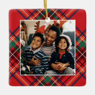Ornement En Céramique Photo de famille rouge Noël plaid personnalisé