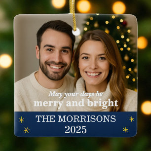 Ornement En Céramique Photo de la famille bleu marine et or Flèche de ne