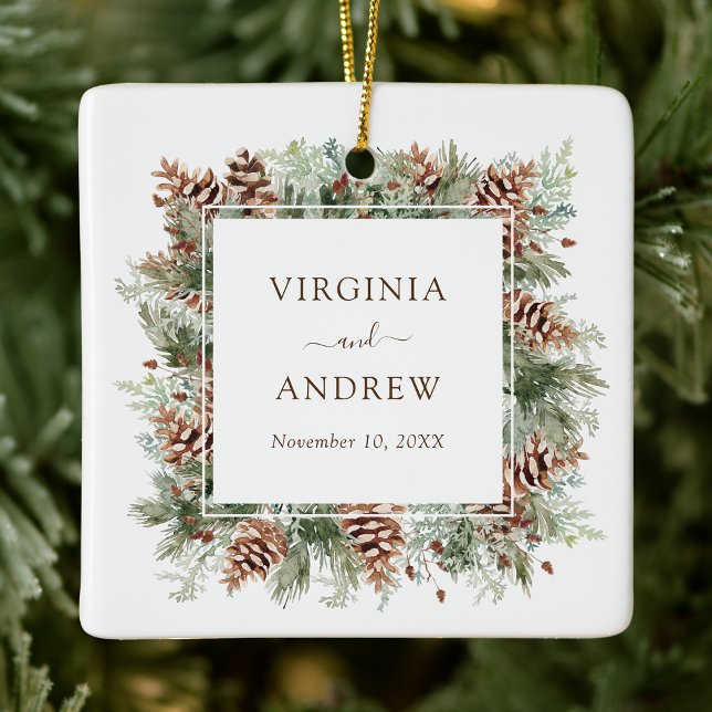 Ornement En Céramique Photo de Mariage Élégant (Elegant Forest Theme Wedding Photo Holiday Ceramic Ornament by Painted Paperie
)