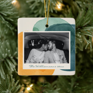 Ornement En Céramique Photo de mariage personnalisé à l'aquarelle abstra