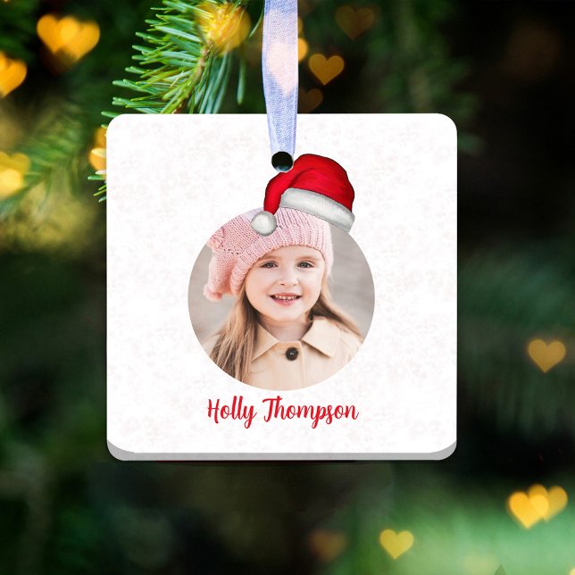 Ornement En Céramique Photo de Noël mignonne Whimsical Santa Hat (Red Santa Claus hat with a circle photo template. )