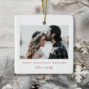 Ornement En Céramique Photo de Noël minimaliste du premier mariage