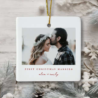 Ornement En Céramique Photo de Noël minimaliste du premier mariage