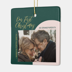 Ornement En Céramique Photo de premier Noël moderne vert, rose et or