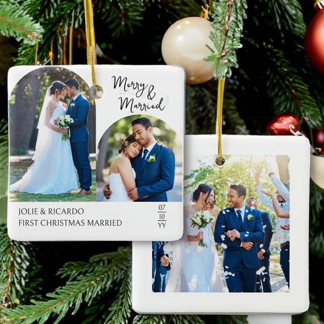 Ornement En Céramique Photo manuscrite de Noël Marié Arche (Merry and Married wedding photo christmas ornament by Darling & May)