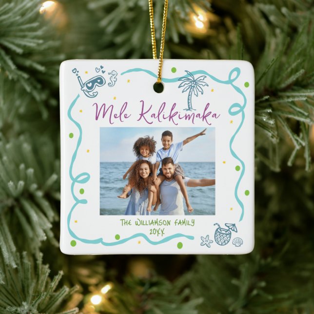 Ornement En Céramique Photo Mele Kalikimaka Blue Purple Doodle Christmas (Arbre)