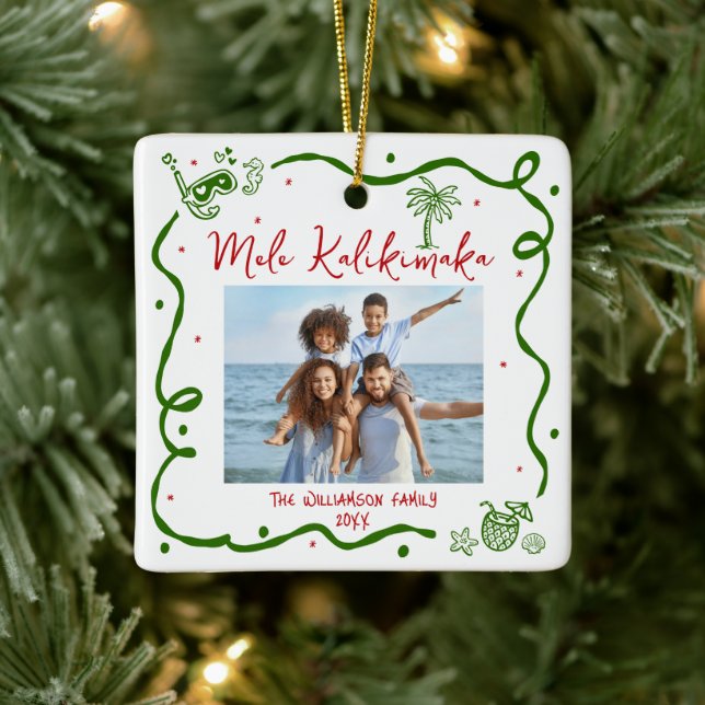 Ornement En Céramique Photo Mele Kalikimaka Red Green Doodles Christmas (Arbre)