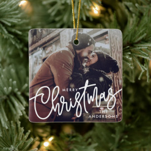 Ornement En Céramique Photo moderne Joyeux script de Noël Couple tendanc