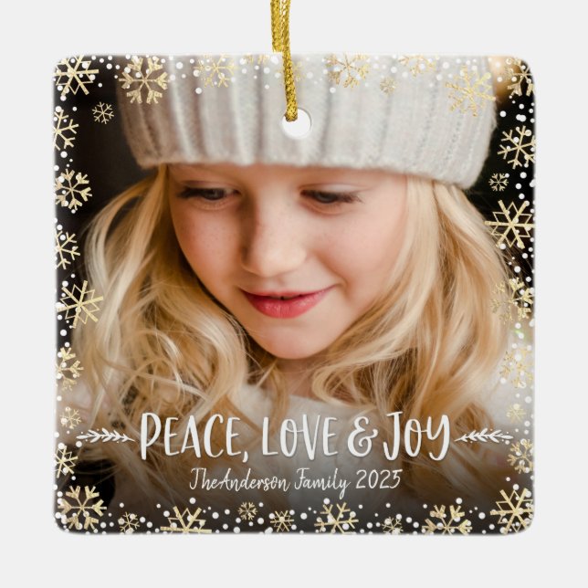 Ornement En Céramique Photo Peace Loy Joy Gold Snowflake Chic Christmas (Devant)