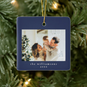 Ornement En Céramique Photo personnalisé Noël Famille Simple Bleu Marine