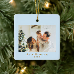 Ornement En Céramique Photo personnalisé Noël Minimal Bleu Simple Famill