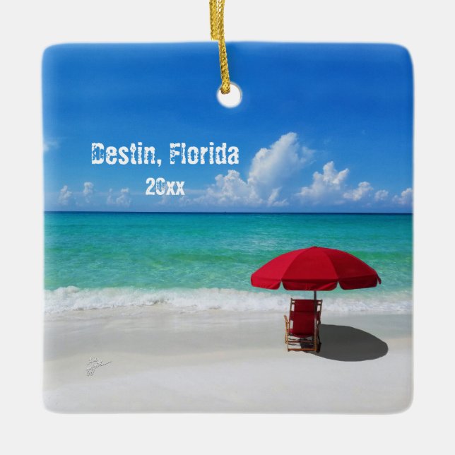 Ornement En Céramique Photo personnalisée Destin Parapluies de plage (Devant)