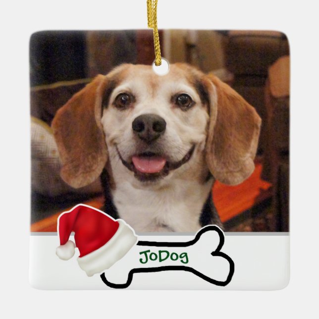 Ornement En Céramique Photo personnalisée Os de chien mignon avec Santa  (Devant)