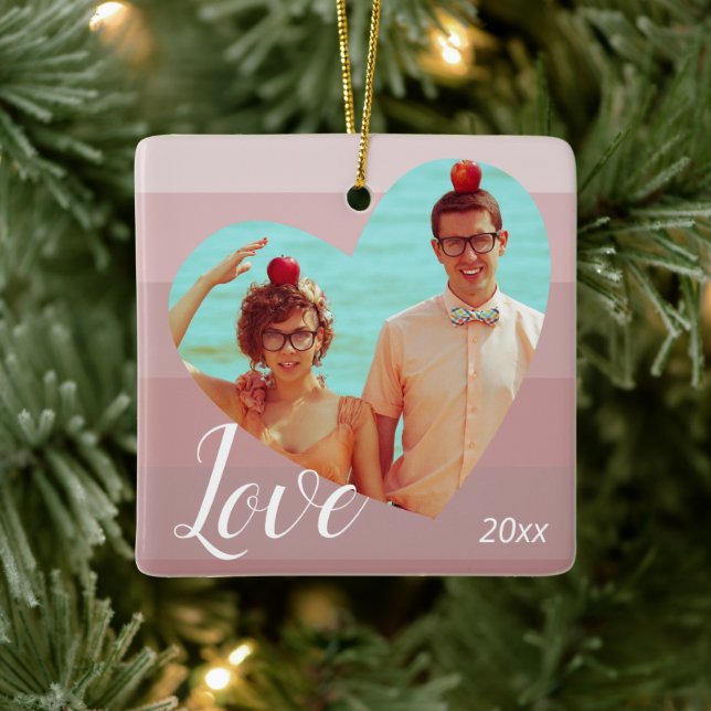 Ornement En Céramique Photo Pink Stripe Heart Saint Valentin (Arbre)