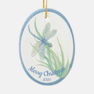 Ornement En Céramique Pièce d'aquarelle de la libellule de Noël sur mesu