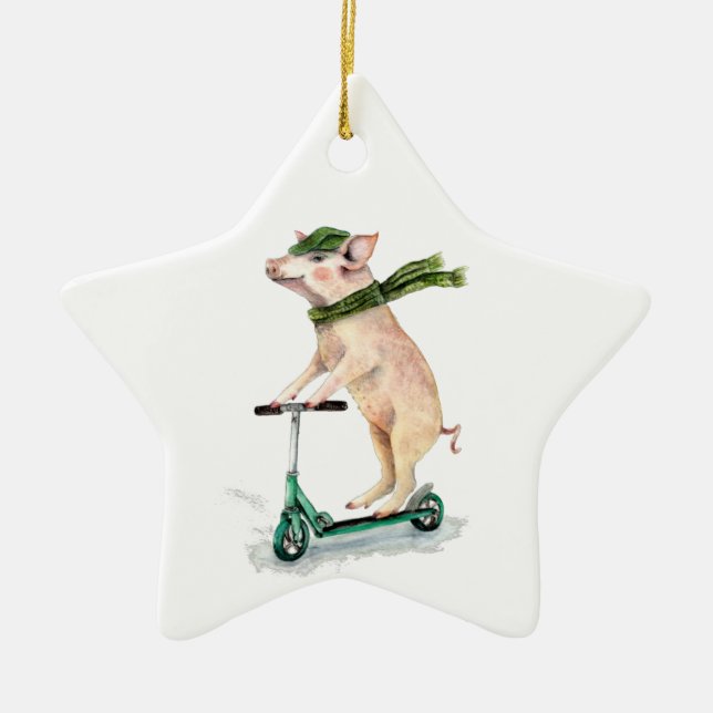 Ornement En Céramique Piggy sur scooter (Devant)