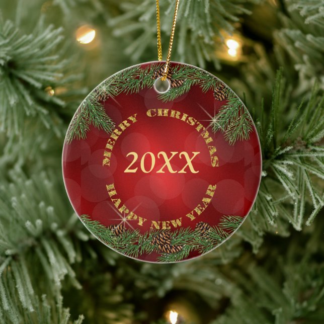 Ornement En Céramique Pine Bough Gold Texte rouge (Arbre)