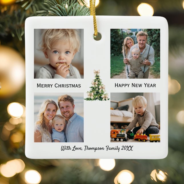 Ornement En Céramique Pine Tree Bow Christmas Elegant Photo Custom (Créateur téléchargé)